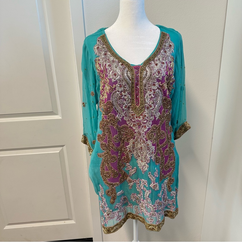 Turquoise and pink 3 piece salwar kameez - Picture 2 of 11